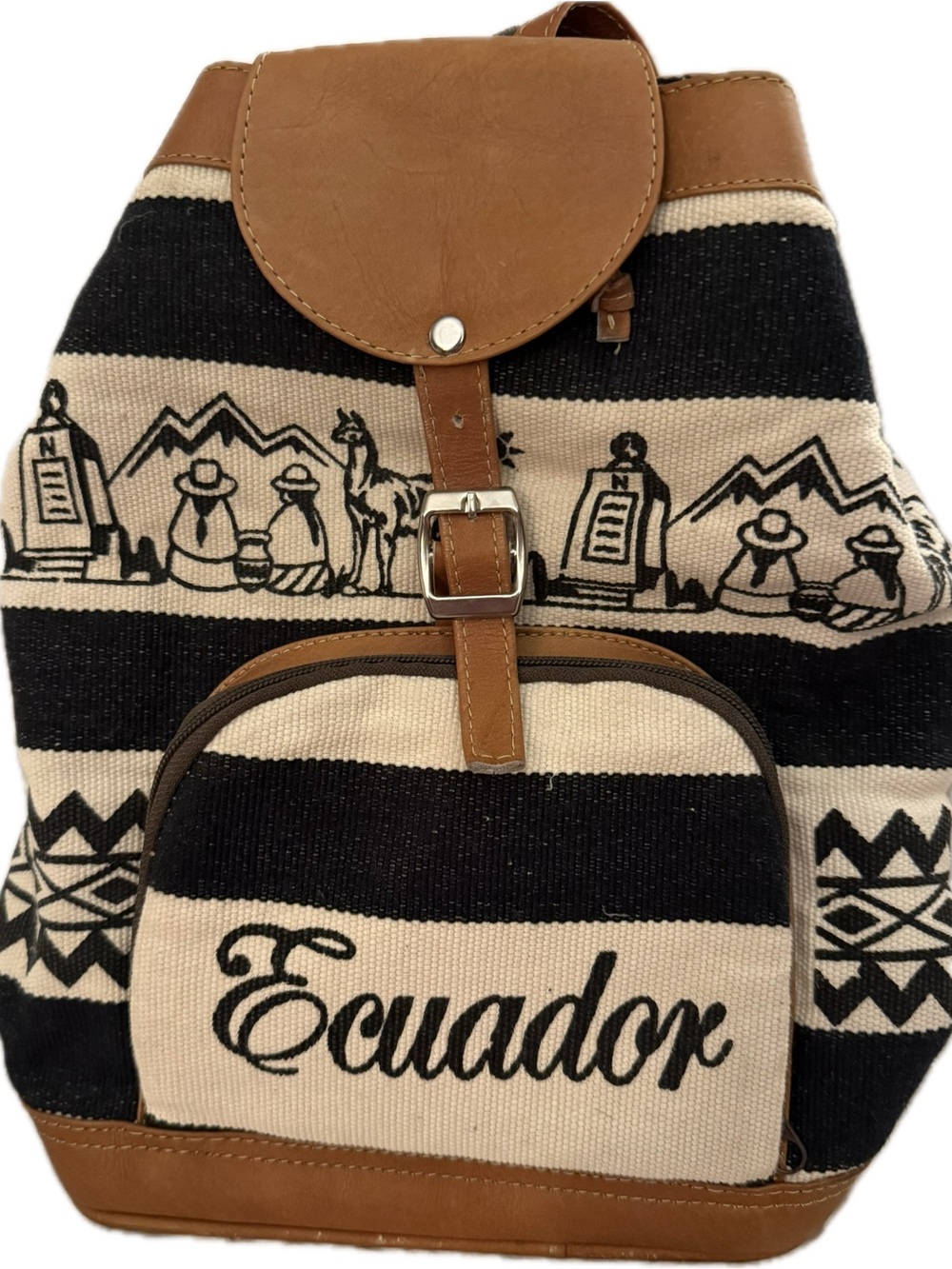 Ecuador Striped Canvas Backpack with Brown Trim EUC